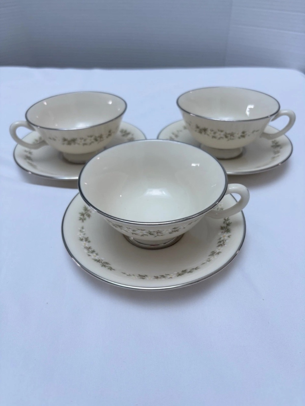 Vintage Lenox Brookdale Tea Cup & Saucer Green Vine Platinum Trim Set of 3